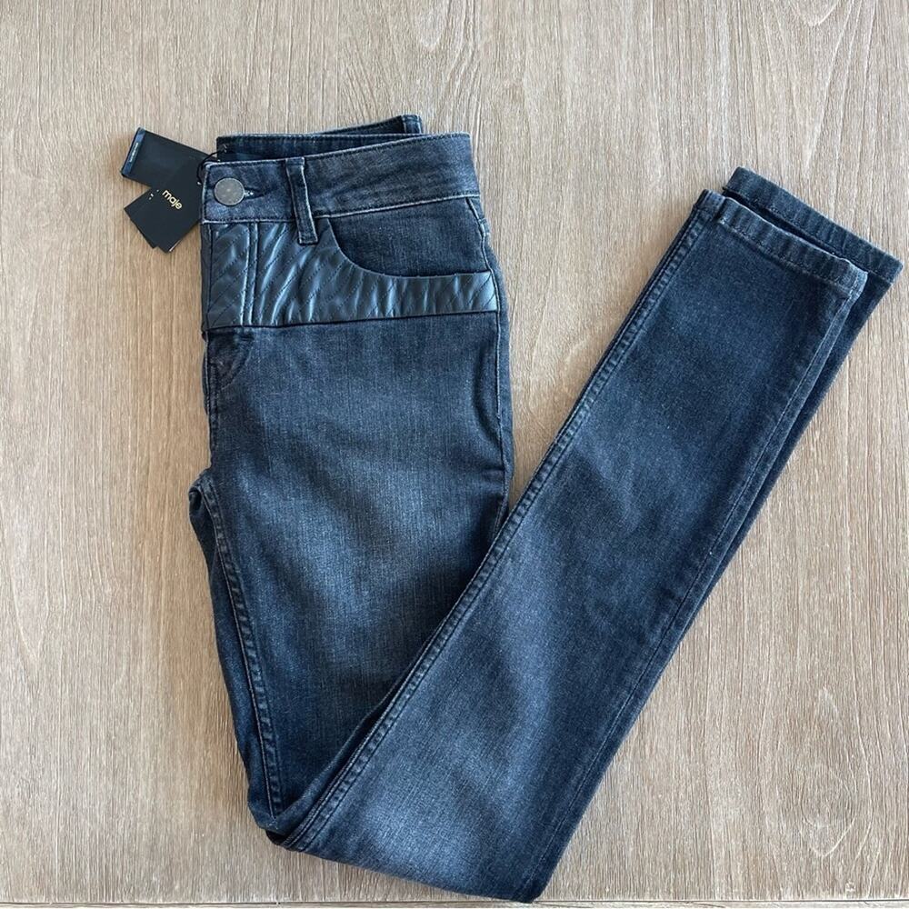 MAJE Slim Leg Jeans Faux Leather Accent Black NWT Size FR US 2/4 Designer Luxe